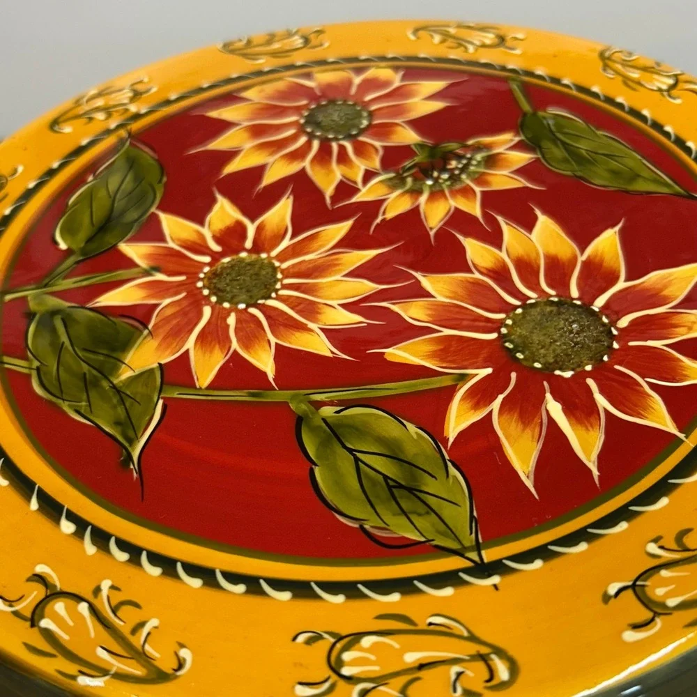 Pier 1 Imports Sunflower Hand Painted Terracotta Cake Stand Pedestal Server
